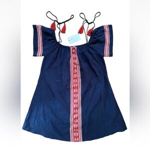 NWT Anthropologie Dress Sz. S Tassel Off Shoulder Blue Red Aztec Boho Beach West